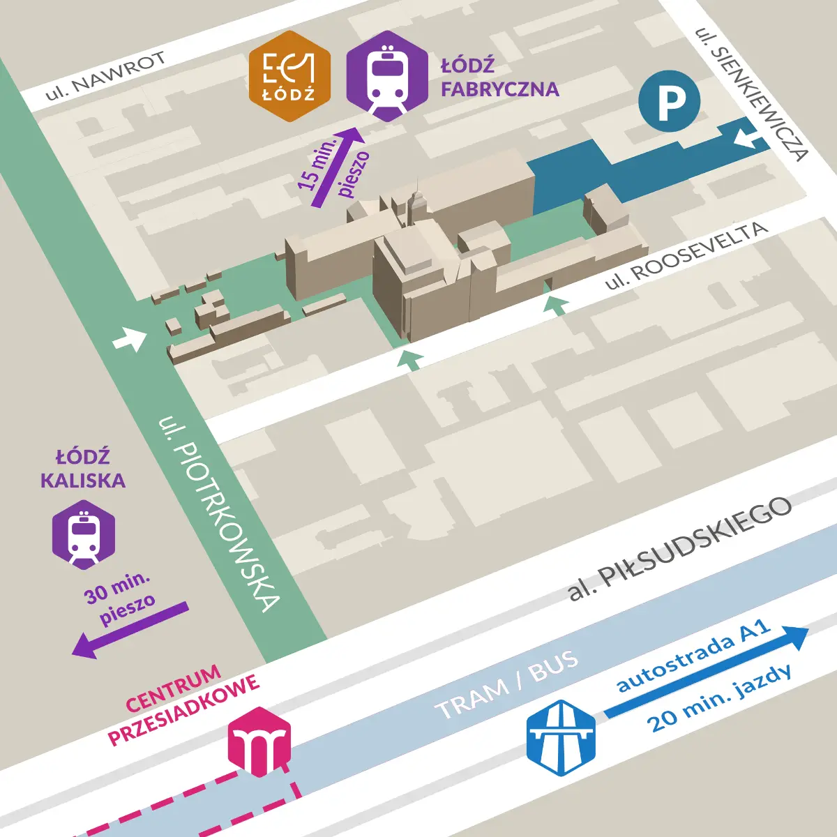 mapa pokazująca lokalizację OFF Piotrkowska Center w pobliżu Stajni Jednorożców, ul. Piotrkowskiej i Piłsudskiego