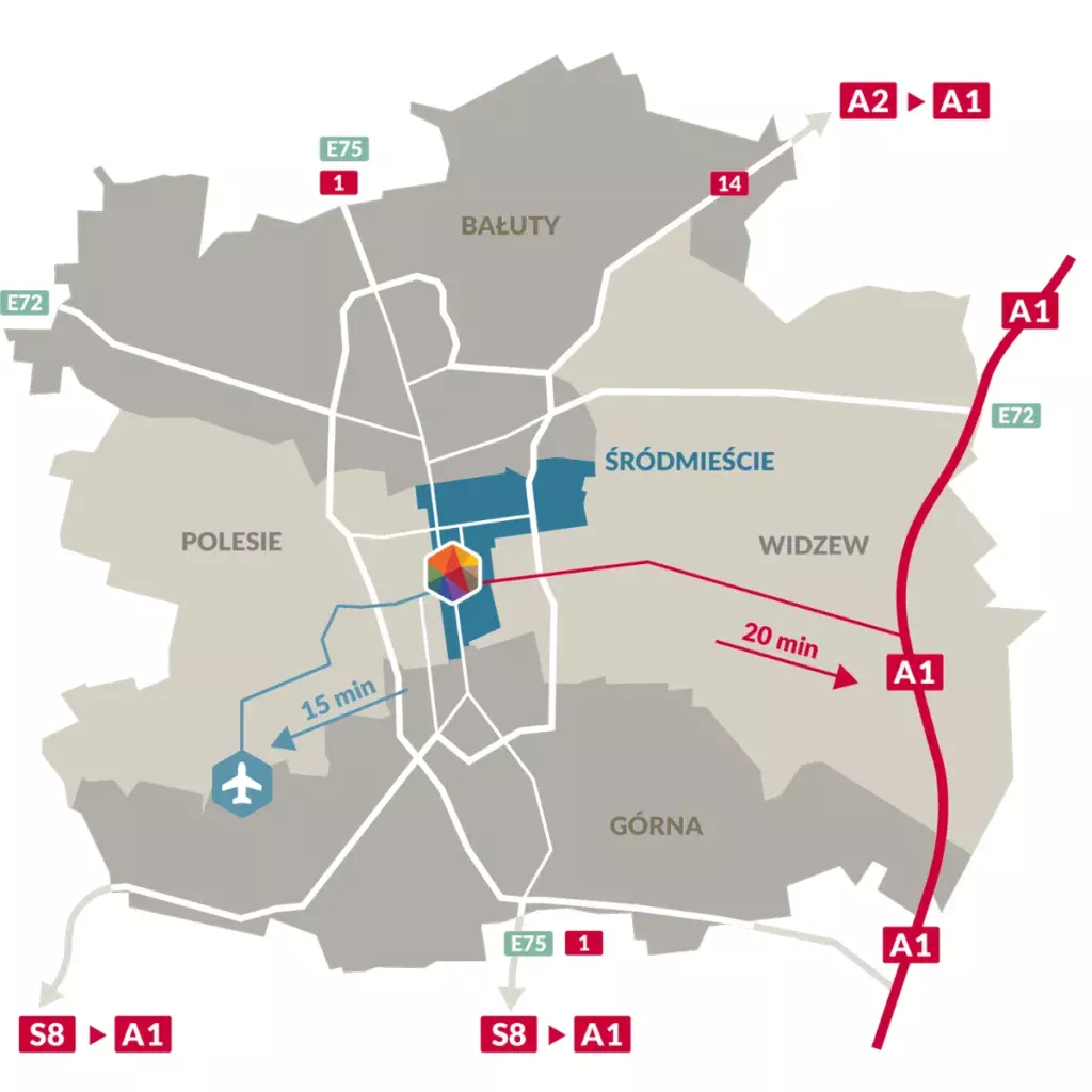 mapa Łodzi pokazująca lokalizację OFF w centrum z dobrym dostępem do lotniska i autostrad