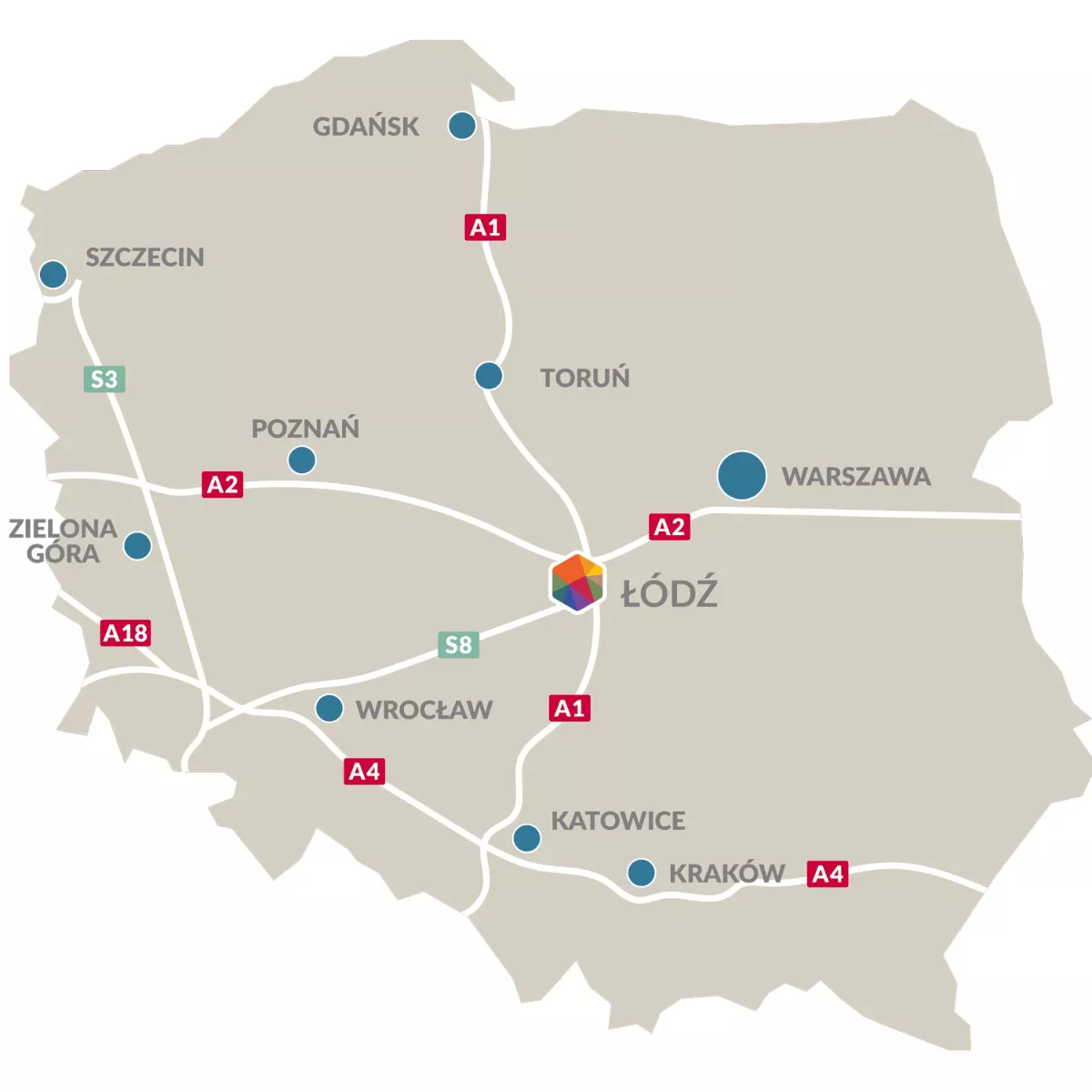 mapa pokazująca lokalizację Łodzi w pobliżu Warszawy i na przecięciu autostrad północ-południe i wschód-zachód